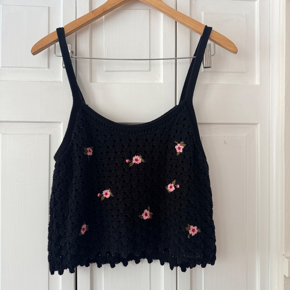 Arizona Jean Co Black Crochet Floral Embroidered Knit Cami Tank Top Womens L